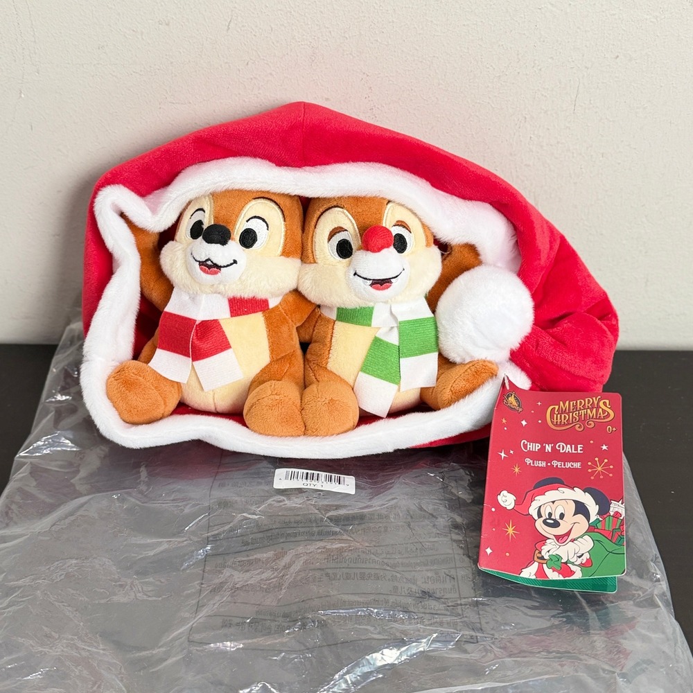 Disney Store Chip N Dale Christmas Plush in Santa Hat Holiday Set NWT